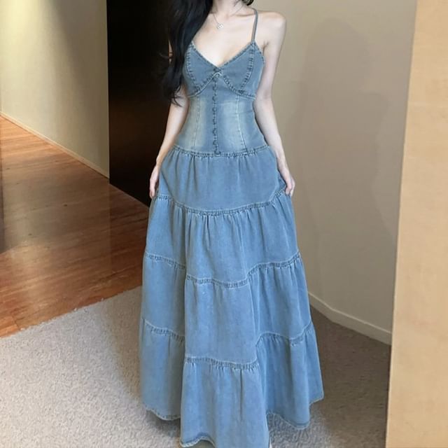 Washed Tiered Panel Maxi A-Line Denim Dress V-Neck