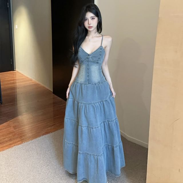 Washed Tiered Panel Maxi A-Line Denim Dress V-Neck