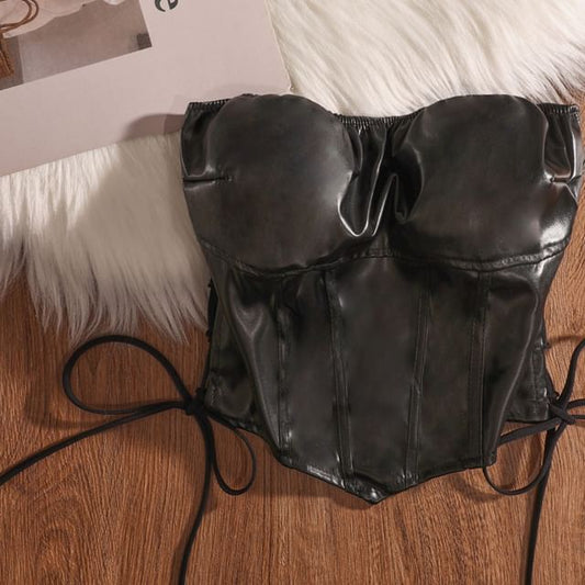 Faux Leather Lace-Up Tube Top - Plain Style