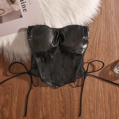 Faux Leather Lace-Up Tube Top - Plain Style