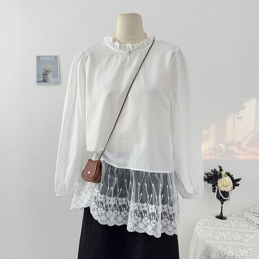 Overfit Blouse - Ruffle Neck Lace Hem