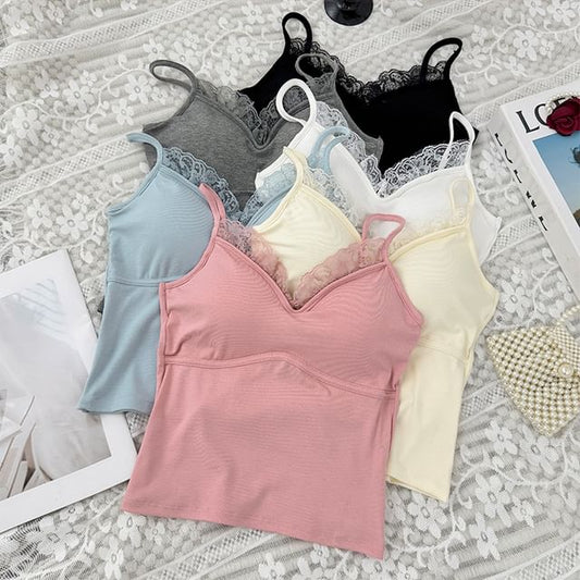 V-Neck Camisole - Lace Trim Padded 6 Colors
