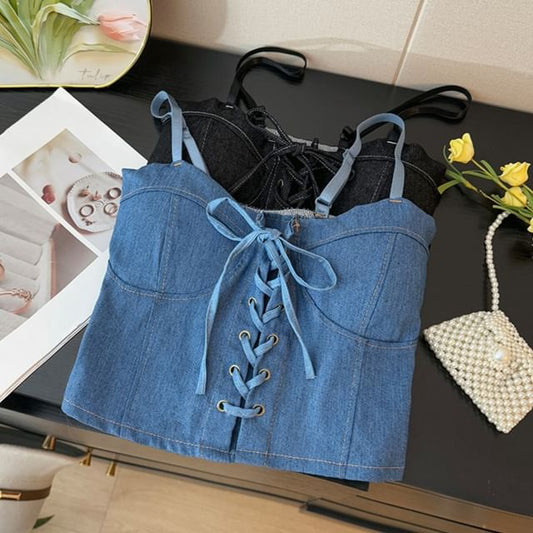 Denim Bustier - Lace-Up Corset Top