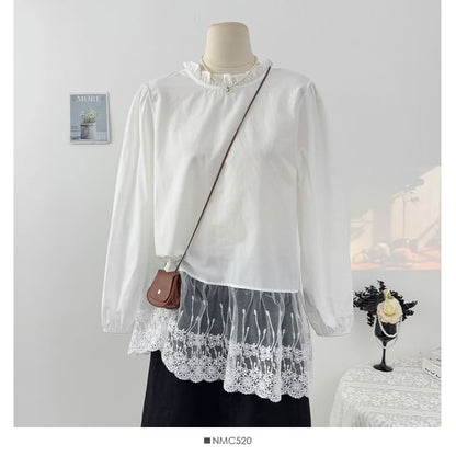 Overfit Blouse - Ruffle Neck Lace Hem