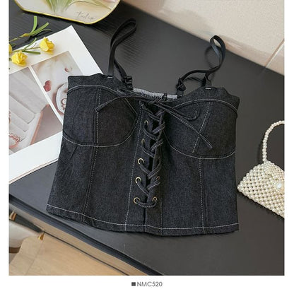 Denim Bustier - Lace-Up Corset Top