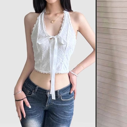 Lace Crop Halter Neck Tie Front Top