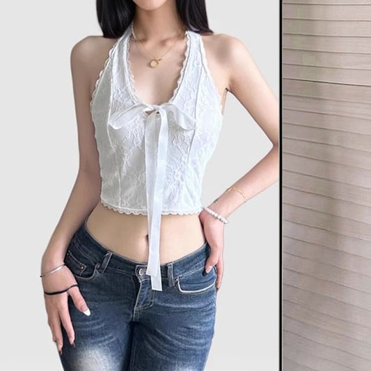 Lace Crop Halter Neck Tie Front Top