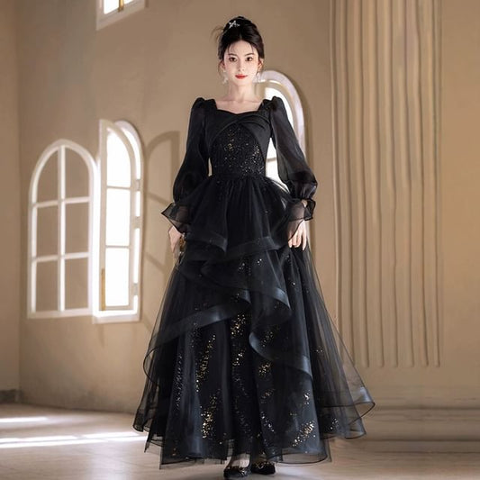 Square Evening Long Starry Sleeve A-Line Gown Neck