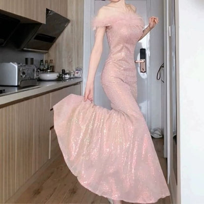 Mermaid Gown Evening Feather Glitter Accent Off-The-Shoulder