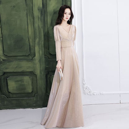 V-Neck Wrap Gown A-Line Long (Various Designs) Sleeve Evening