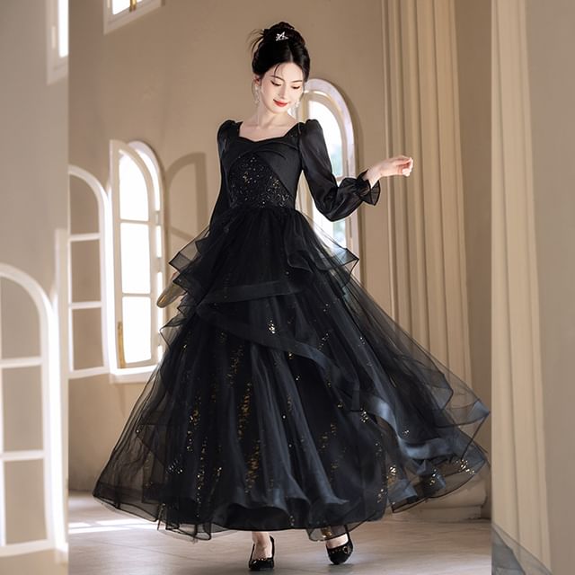 Square Evening Long Starry Sleeve A-Line Gown Neck