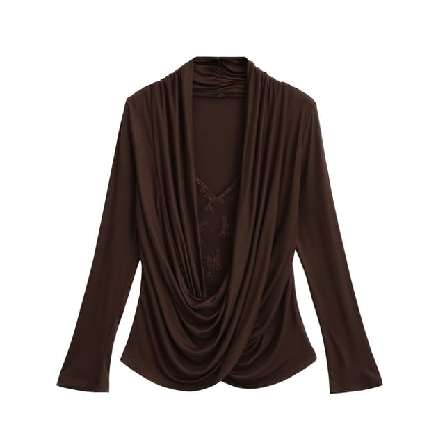Draped Lace Top - V-Neck Mock Two Piece Long Sleeve