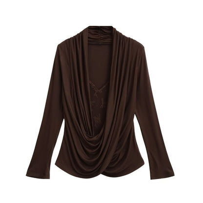 Draped Lace Top - V-Neck Mock Two Piece Long Sleeve