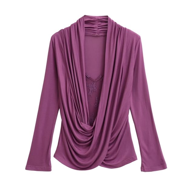 Draped Lace Top - V-Neck Mock Two Piece Long Sleeve