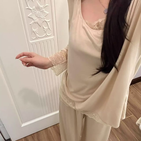 Lace Trim Tee and Pants Set - Long Sleeve