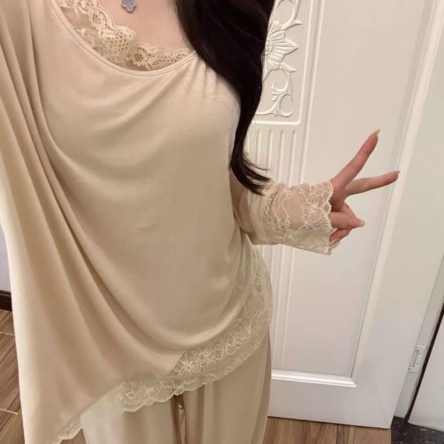 Lace Trim Tee and Pants Set - Long Sleeve