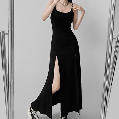 Plain Slit Midi Bodycon Dress with Spaghetti Straps