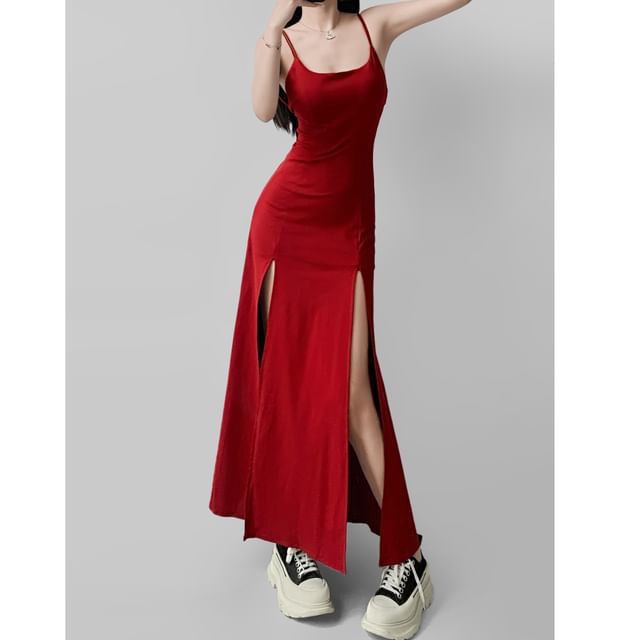 Plain Slit Midi Bodycon Dress with Spaghetti Straps