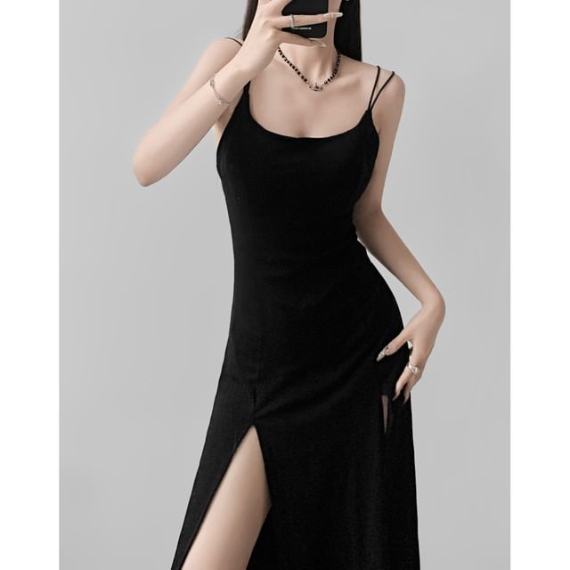 Plain Slit Midi Bodycon Dress with Spaghetti Straps