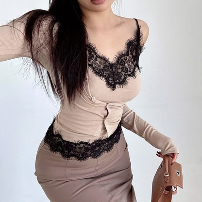 Lace Cami & Button Cardigan Set