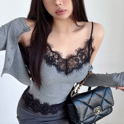 Lace Cami & Button Cardigan Set
