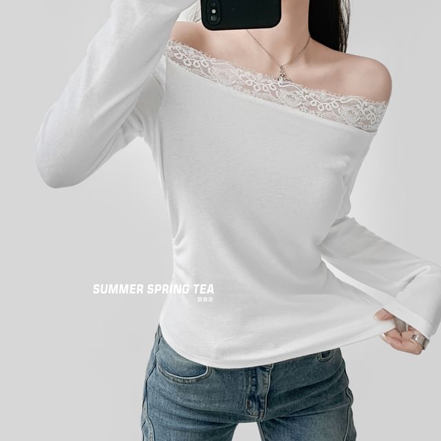 Off Shoulder Tee - Long Sleeve Lace Trim