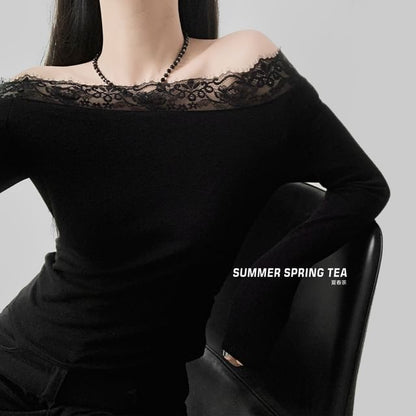 Off Shoulder Tee - Long Sleeve Lace Trim