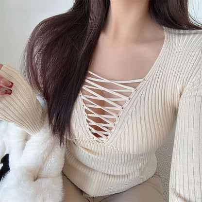 Ribbed Knit Lace-Up Long Sleeve Top