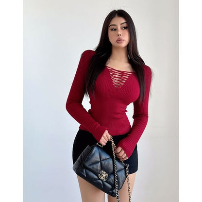 Ribbed Knit Lace-Up Long Sleeve Top