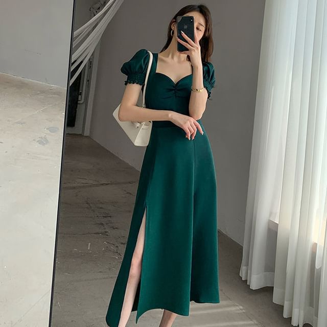 Puff Sleeve Sweetheart Neck Plain Slit Midi A-Line Dress