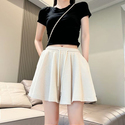Drawstring Waist Plain Wide Leg Shorts