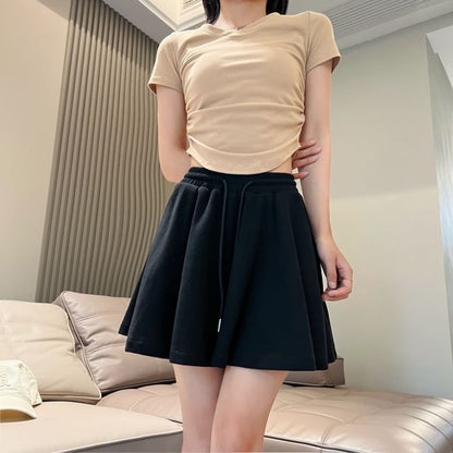 Drawstring Waist Plain Wide Leg Shorts