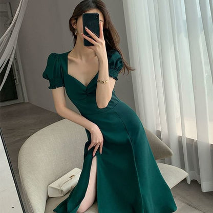 Puff Sleeve Sweetheart Neck Plain Slit Midi A-Line Dress