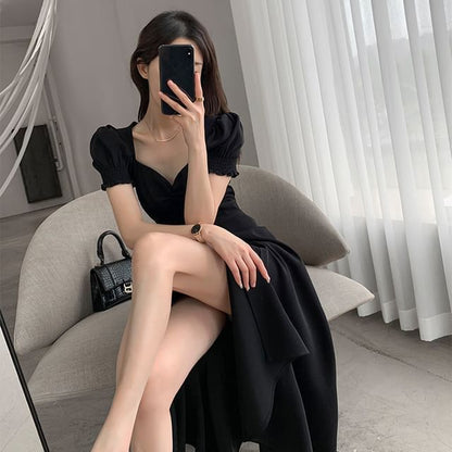 Puff Sleeve Sweetheart Neck Plain Slit Midi A-Line Dress