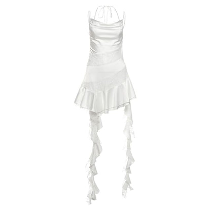 Cowl Neck Lace Panel Mini A-Line Dress with Spaghetti Straps