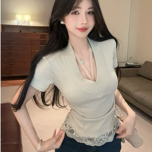 V-Neck Tee and Halter Set - Lace Trim Short Sleeve