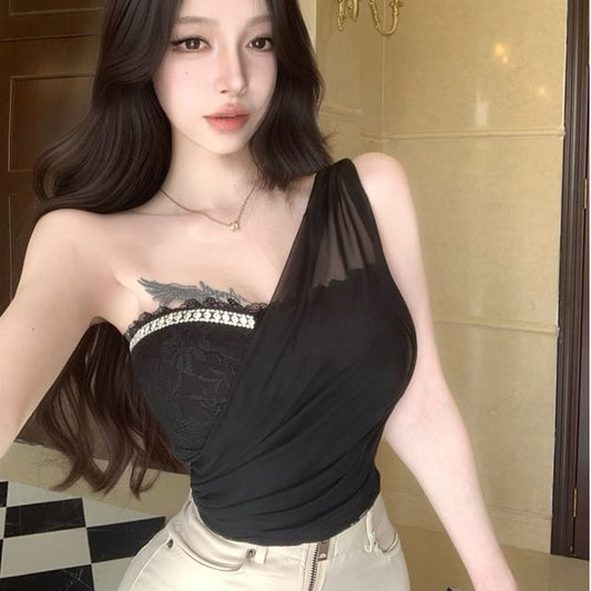 One Shoulder Tank - Lace Panel Plain