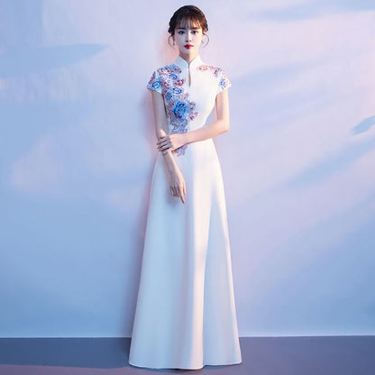 Gown Embroidered A-Line Short-Sleeve Stand Evening Floral Collar