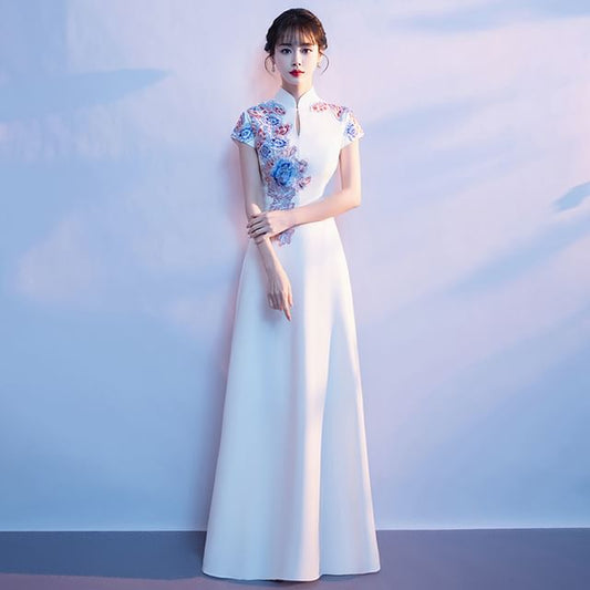 Gown Embroidered A-Line Short-Sleeve Stand Evening Floral Collar