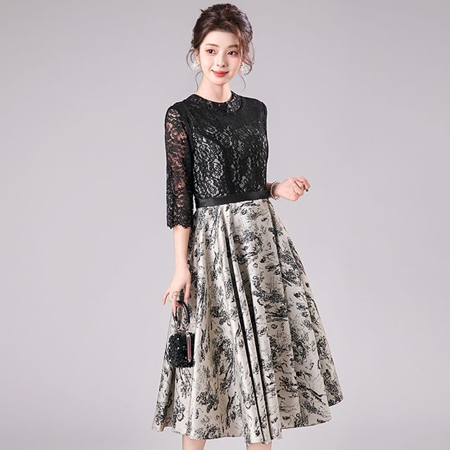 3/4-Sleeve Mock Neck Print Lace Panel Midi A-Line Cocktail Dress