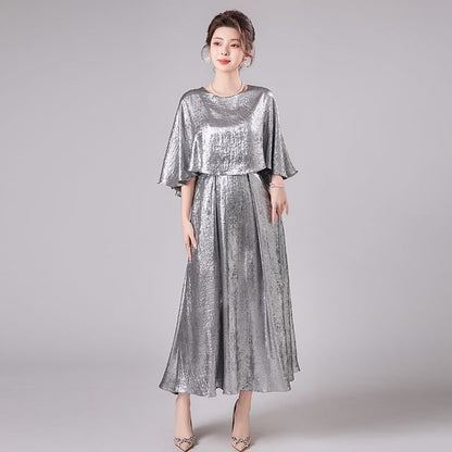 3/4-Sleeve Crew Neck Metallic A-Line Evening Dress