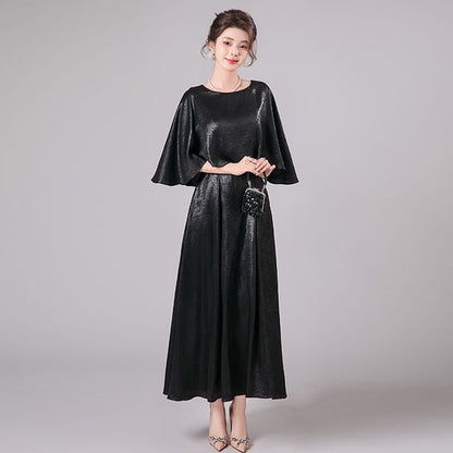 3/4-Sleeve Crew Neck Metallic A-Line Evening Dress