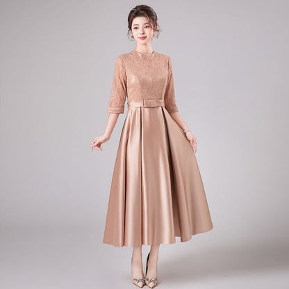 3/4-Sleeve Crew Neck Lace Panel Bow Accent Midi A-Line Cocktail Dress