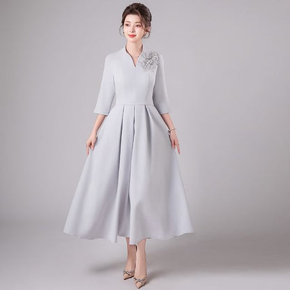 3/4-Sleeve V-Neck Floral Accent Pleated Midi A-Line Cocktail Dress