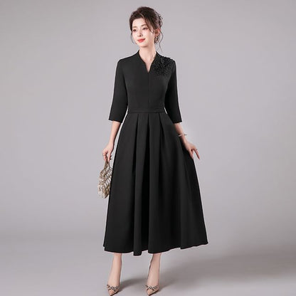 3/4-Sleeve V-Neck Floral Accent Pleated Midi A-Line Cocktail Dress