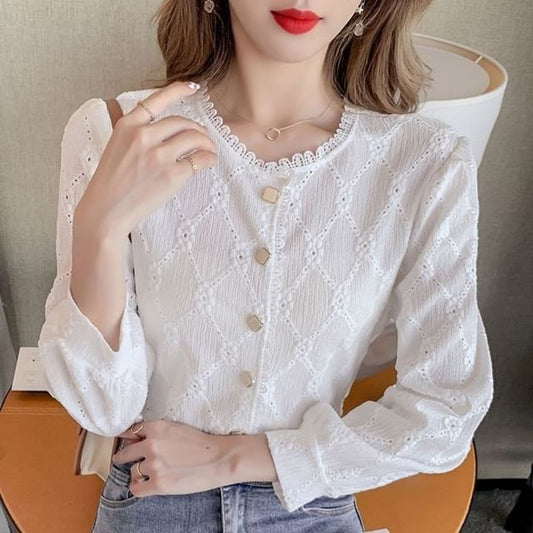 Argyle Lace Trim Long Sleeve Blouse