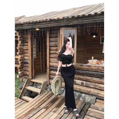 Lace-Up Knit Tube Top & Skirt Ensemble