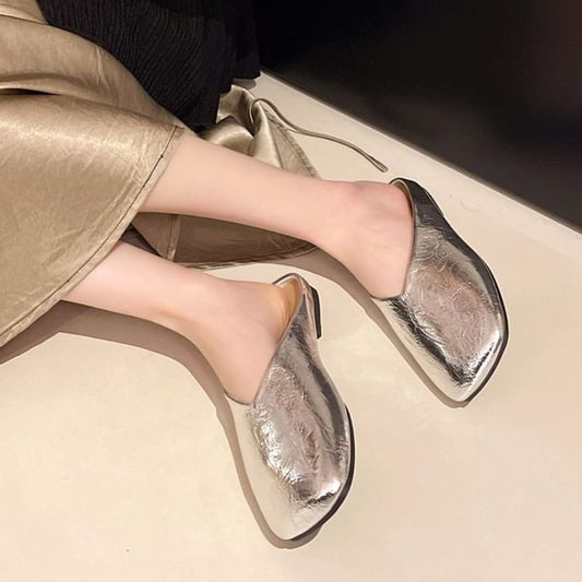 Metallic Faux Leather Square Toe Mules