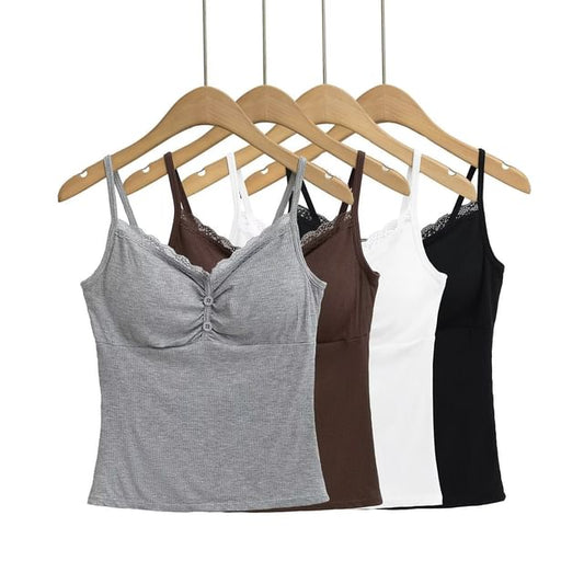 Shirred Ribbed Lace-Trim Cami Top