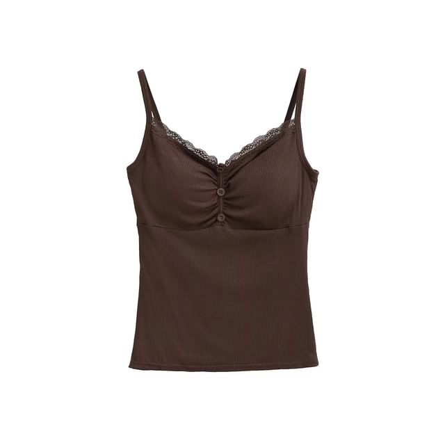 Shirred Ribbed Lace-Trim Cami Top